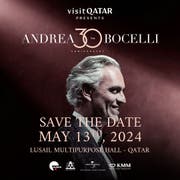 مغني الأوبرا الإيطالي الشهير أندريا بوتشيلي يحيي حفلاً موسيقياً في قطر، مايو المقبل